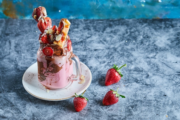 Strawberry smoothie with waffles and chocolate on the white plate in the marble surface 