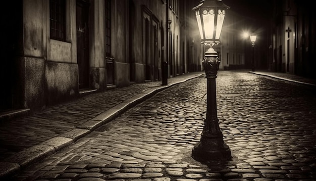 A street lamp on a cobblestone street at night.