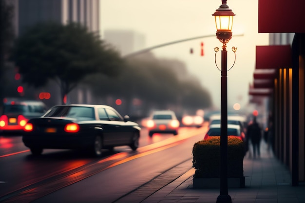 Foto gratuita un lampione su una strada con un'auto che passa.
