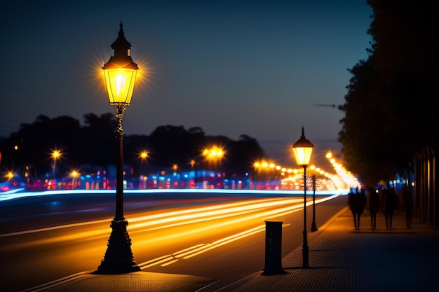 A street lamp on a street with the lights on.