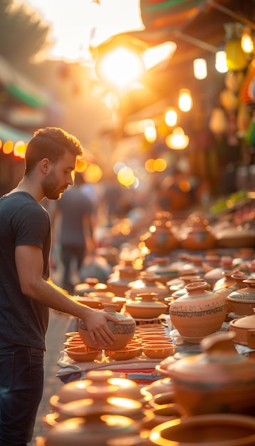 Free photo street market at sunset