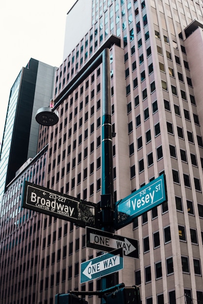 Street signs on pillar in city center