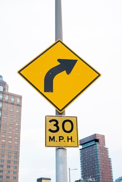 Street signs with blurred city background