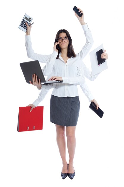 stressed businesswoman at work. Isolated on white