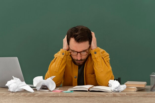 Stressed man working on laptop