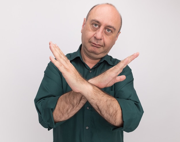 strict middle-aged man wearing green t-shirt showing gesture of no isolated on white wall
