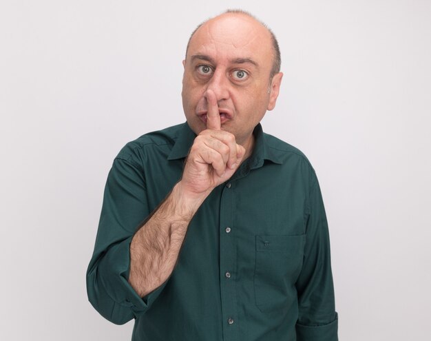 Strict middle-aged man wearing green t-shirt showing silence gesture isolated on white wall