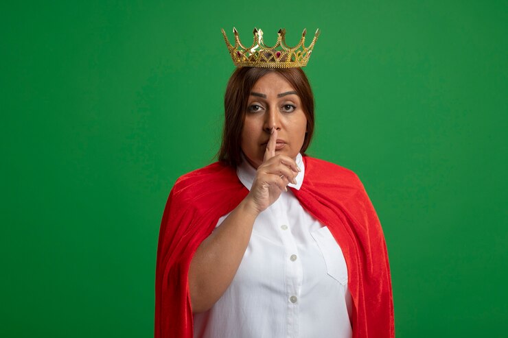 मुफ़्त फोटो strict middle-aged superhero female wearing crown showing silence gesture isolated on green