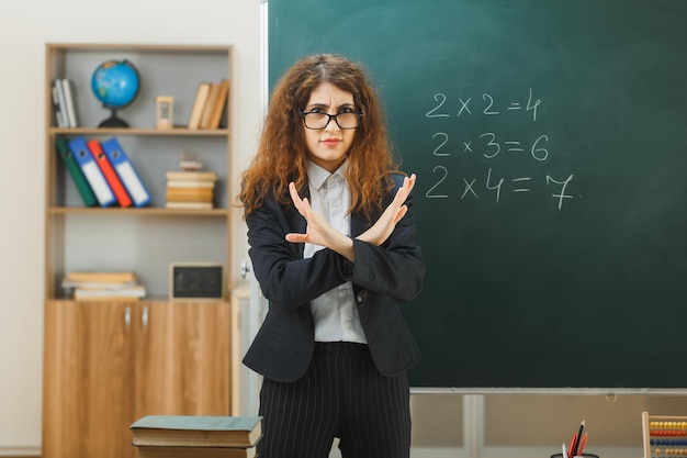 strict showing gesture young female teacher standing in front blackboard in classroom