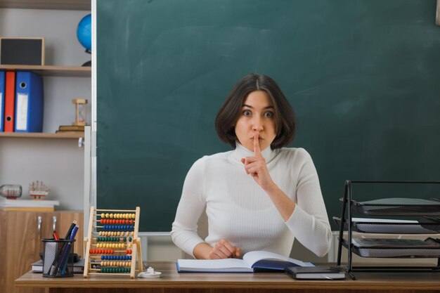 엄격한 보여주는 침묵 제스처 교실에서 학교 도구와 책상에 앉아 젊은 여성 교사