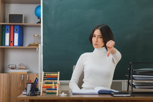 教室で学校の道具をつけて机に座っている若い女教師に親指を下に向けて厳格に示す