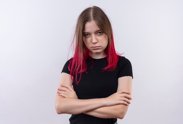 Strict young beautiful girl wearing black t-shirt crossing hands on isolated white background