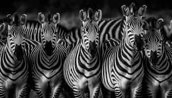 Foto gratuita mandria di zebre a strisce nella bellezza della savana monocromatica generata dall'intelligenza artificiale