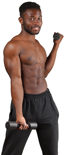 Бесплатное фото Сильный и мускулистый парень с гантелями, изолированными на белом