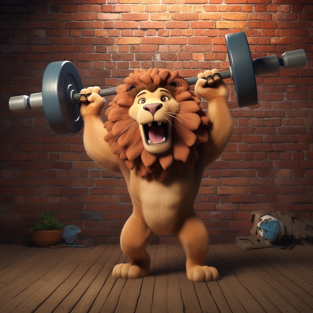 Free photo strong lion training with barbell