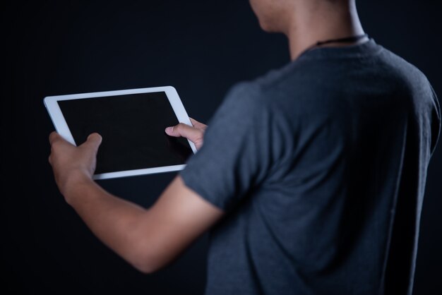 Student boy using laptop, Learning online, Education