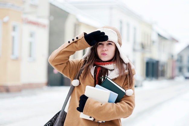 Student girl in wintertime