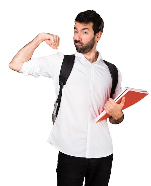 Student man making strong gesture