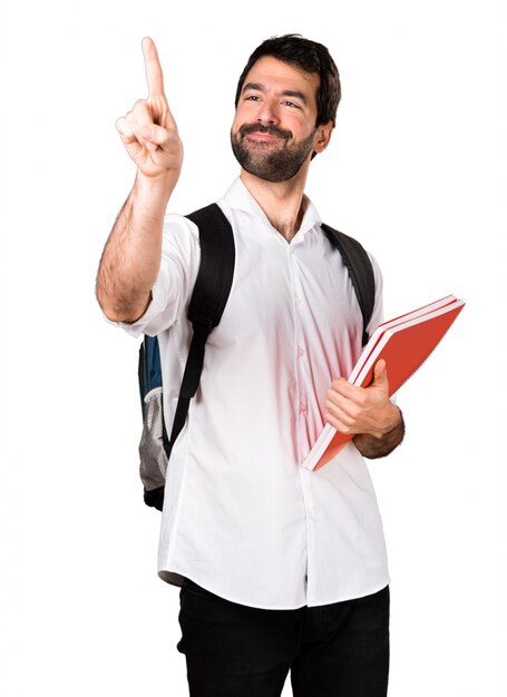 Student man touching on transparent screen