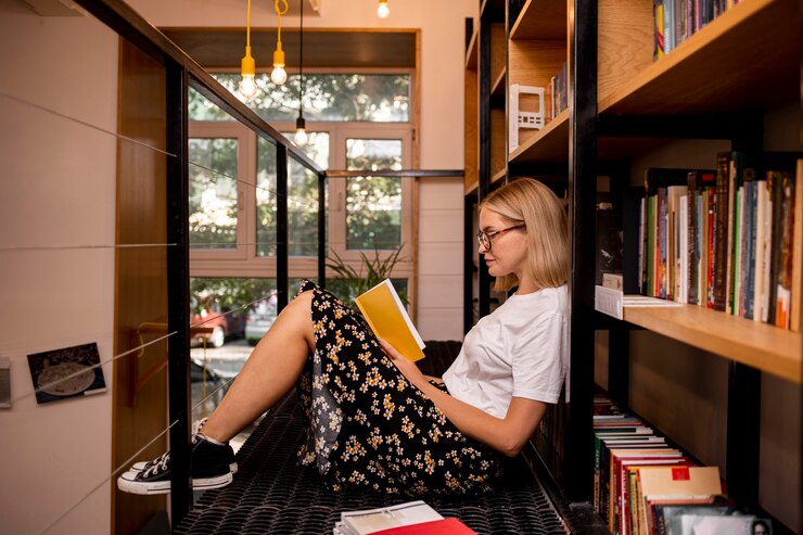 Бесплатный Фотография студент читает книгу в библиотеке