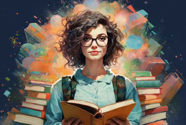 Student with book in digital art style for education day