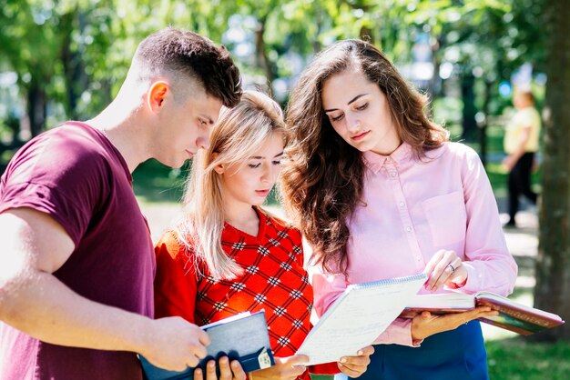 Students talking about task in park