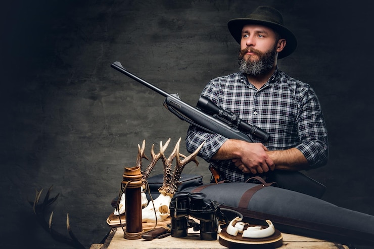 Free Photo studio portrait of a bearded traditional hunter with his trophy holds a rifle.