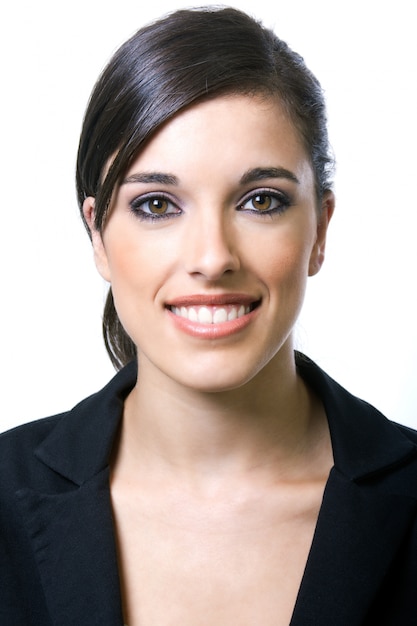 Free photo studio portrait of beautiful young woman posing with white screen