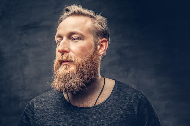 Studio portrait of blue eyed redhead bearded hipster male on grey background.