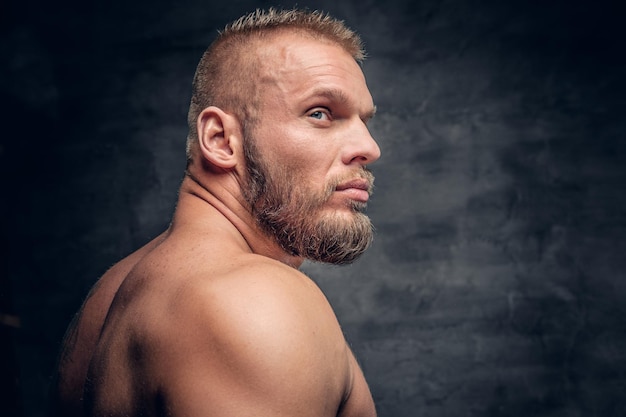Студийный портрет брутального бородатого мускулистого мужчины на сером фоне виньетки.