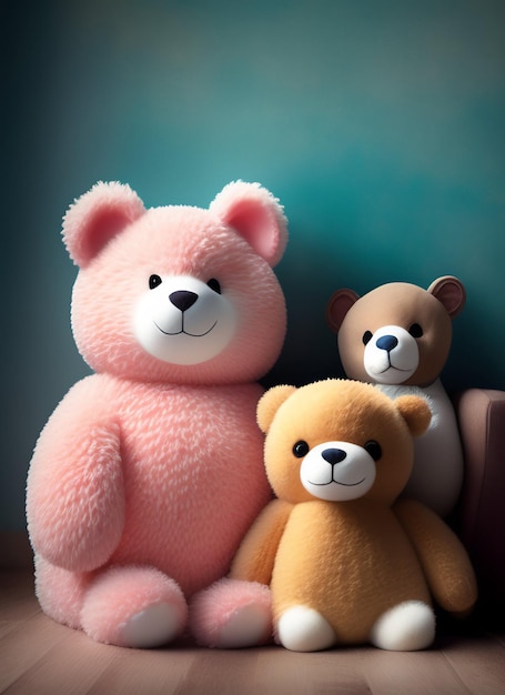 A stuffed bear with a pink face sits next to a brown bear.
