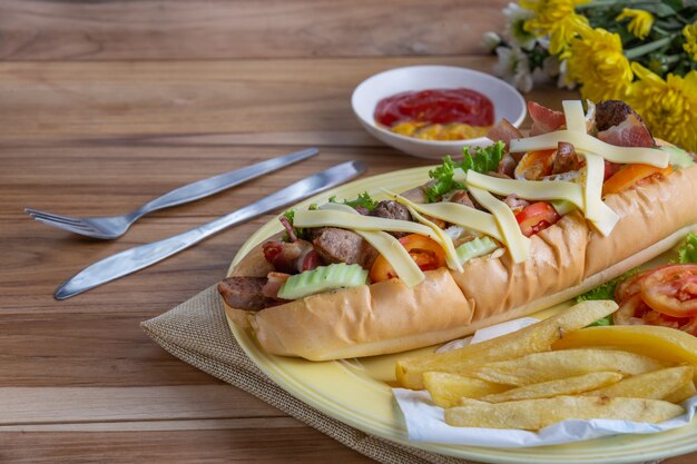 Stuffed bread in a black dish placed on a wooden table.