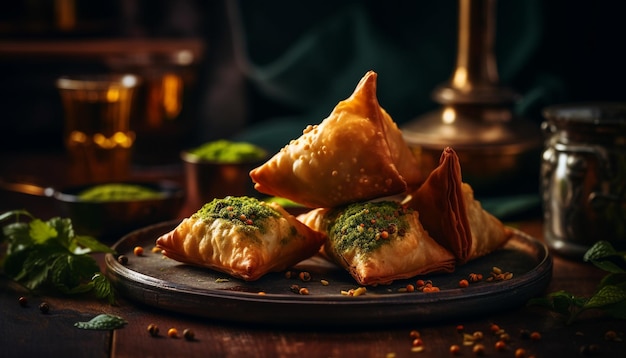 Stuffed samosas on rustic wood plate ready to eat generated by AI