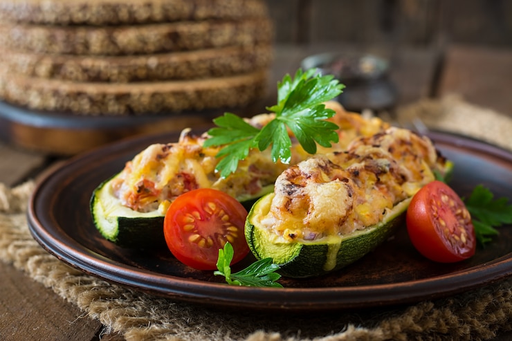 Бесплатный Фотография фаршированные цуккини с курицей, помидорами и луком с сырной корочкой