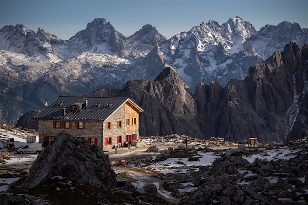 Stunning scenery of the stony Rifugio Lavaredo at Cadini di Misurina area