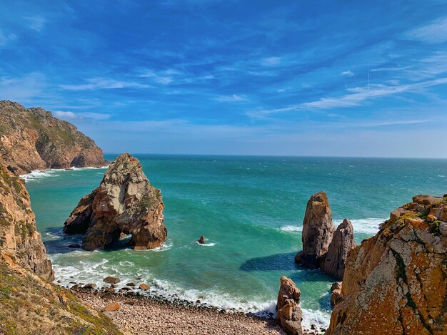 Stunning seascape view with immense rock formations on a coastline