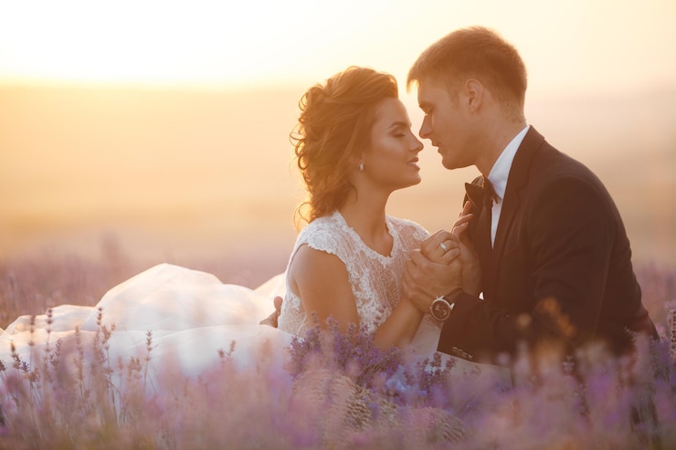 Free Photo stunning wedding couple of bride and groom on sunset in lavender