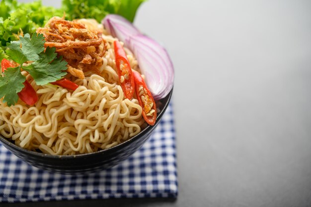 The style still life with noodles in the bowl.