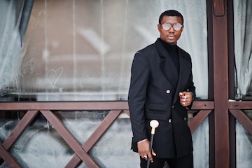 Free Photo  Stylish african american gentleman in elegant black jacket  holding retro walking stick as cane flask or tippling cane with golden  diamond ball handle rich fashionable afro man