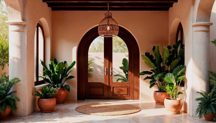 Free Photo stylish entryway with arched door and lush green plants