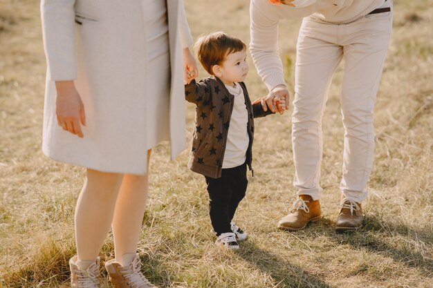 Stylish family wearing masks walking on a spring field