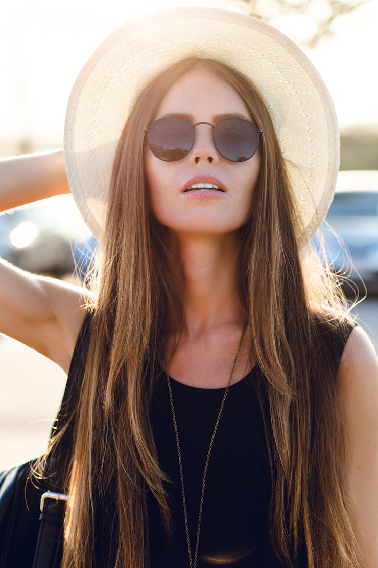 Free Photo stylish girl standing near road wearing short black dress, straw hat, black eyeglasses, and black backpack. she smiles in the warm rays of setting sun. she touches her sunglasses with hand