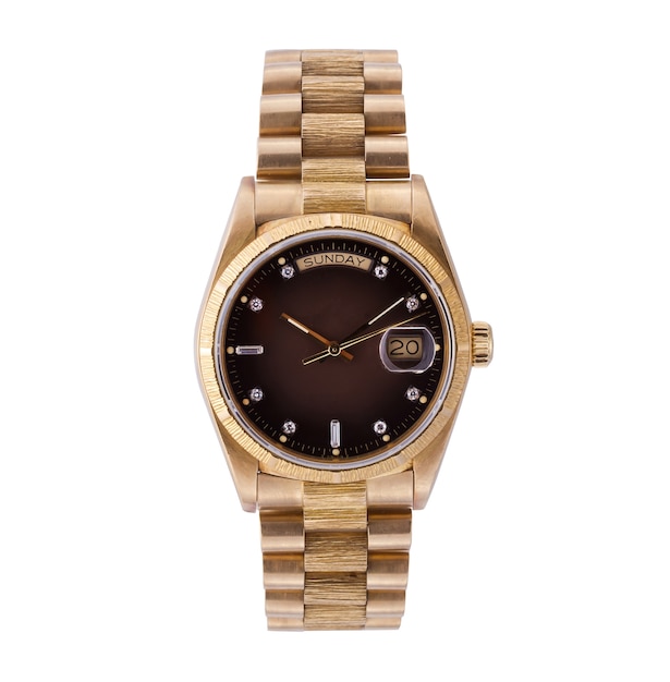 Stylish golden watch on a white surface