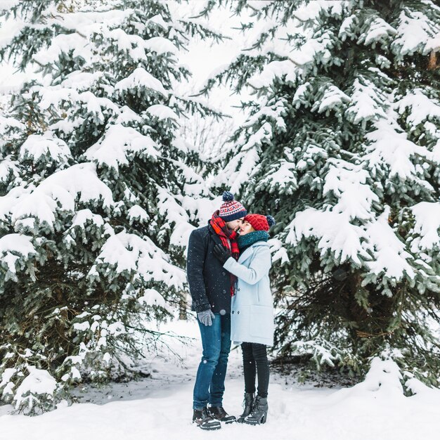 Stylish loving couple in snowy woods