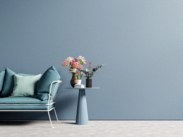 Elegante e moderno soggiorno in legno con divano sulla parete blu scuro vuota, rendering 3d