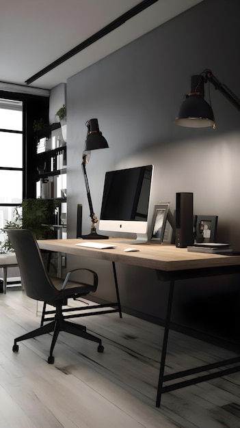 無料写真 スタイリッシュなオフィスインテリア ⁇ 近代的な家具 ⁇ コンピュータ ⁇ テーブルの上の他のアイテム ⁇