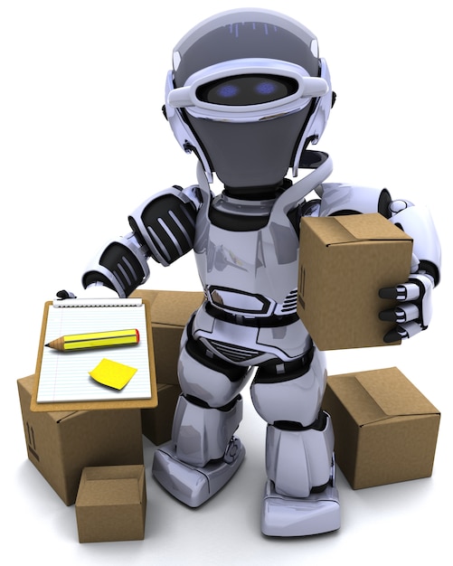 配送ボックスとロボットのレンダリング3D