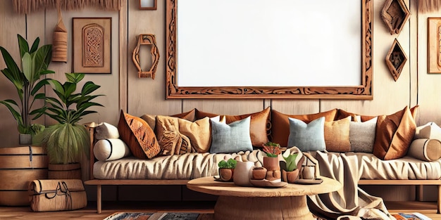 無料写真 デザイン ミント ソファ家具モックアップ ポスター マップ植物と eleg とスタイリッシュなスカンジナビアのリビング ルーム