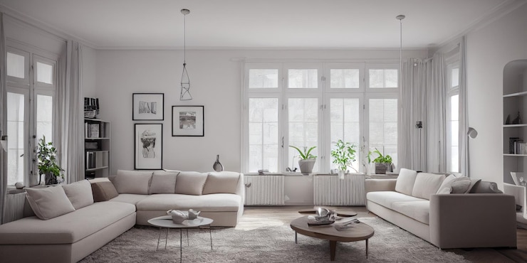 Free Photo stylish scandinavian living room with design mint sofa furnitures mock up poster map plants and eleg