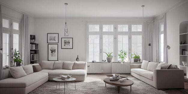 Stylish scandinavian living room with design mint sofa furnitures mock up poster map plants and eleg